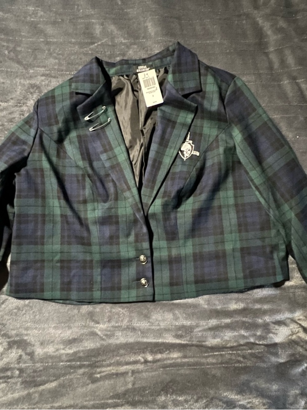 NWT Cropped Blazer in Dark Green & Navy Tartan - Picture 3 of 10